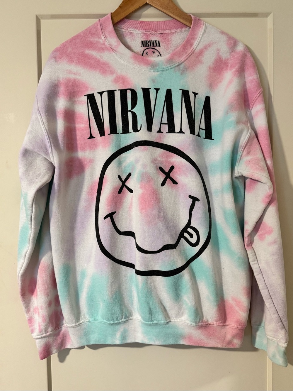 NIRVANA Pastel Pink & Aqua Tie-Dye Crewneck with Smiley Logo